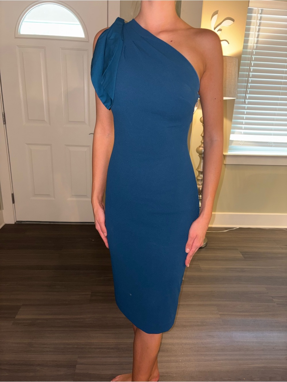 RACHEL Rachel Roy One-Shoulder Teal Sheath Dress with Draped Shoulder